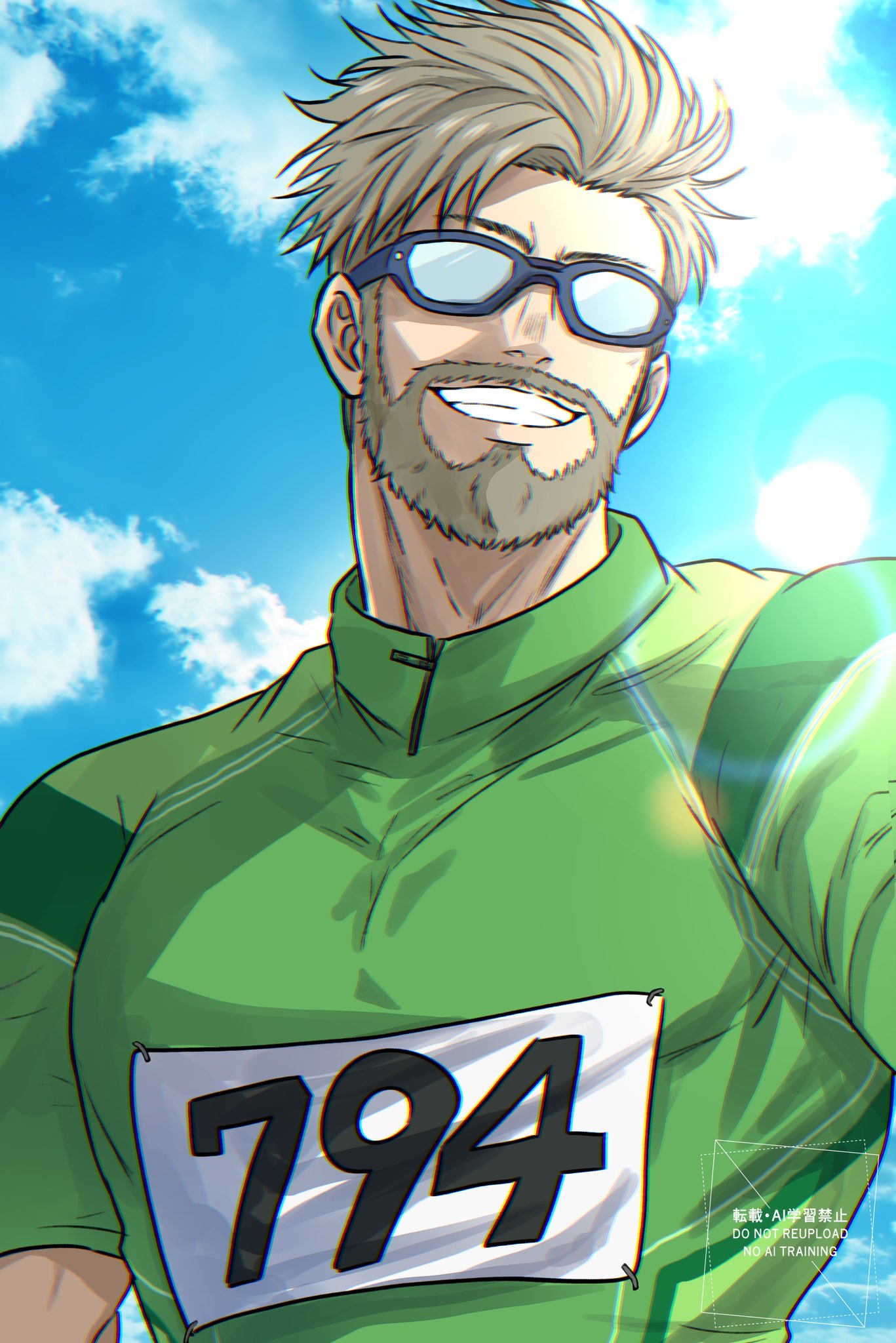 1boy, beard, blue_sky, clouds, commentary_request, covered_pectorals, facial_hair, from_below, full_beard, goggles, grey_beard, grey_hair, grin, highres, hyakuemu, kaidou_(hyakuemu), male_focus, mature_male, nusushito, pectorals, race_bib, short_hair, sky, smile, solo, track_uniform, upper_body, watermark