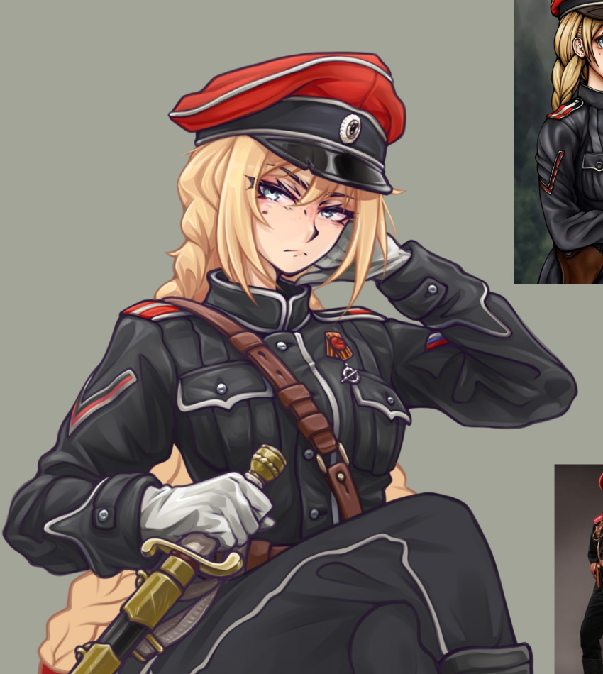 1girl, black_jacket, black_pants, blonde_hair, blue_eyes, braid, crossed_legs, frown, gloves, hat, highres, jacket, kornilov_shock_regiment, looking_at_viewer, military, military_hat, military_uniform, mole, mole_under_eye, narrowed_eyes, order_of_the_great_siberian_ice_march, original, pants, peaked_cap, red_hat, ribbon_of_saint_george, russia, russian_civil_war, russian_empire, russian_text, serious, sitting, skull_and_crossbones, solo, unfinished, white_army, white_gloves, zap-nik