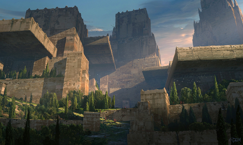 blue_sky, building, bush, clouds, cloudy_sky, commentary, english_commentary, flock