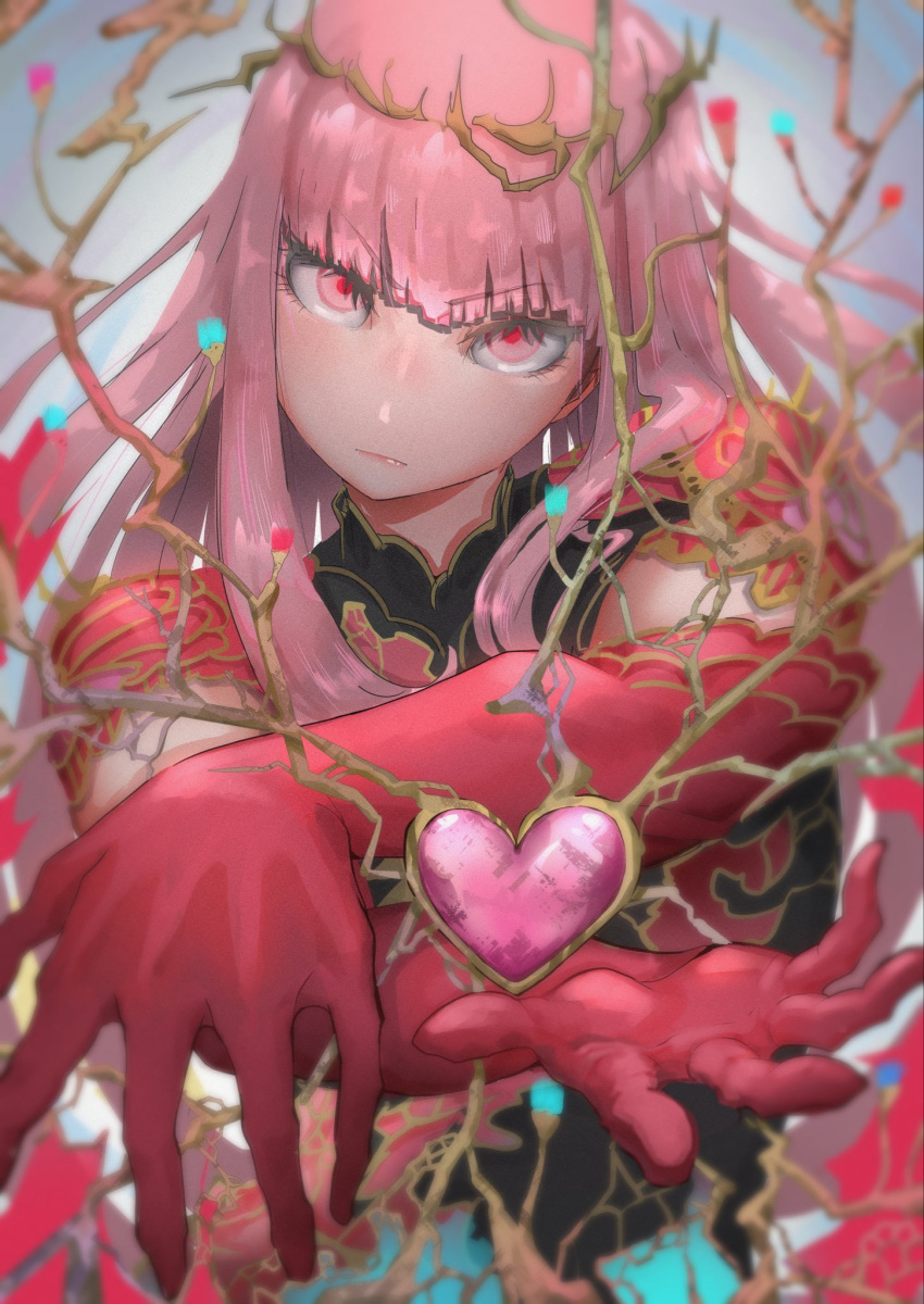 1girl, black_dress, closed_mouth, commentary, crossed_wrists, dress, foreshortening, gloves, hair_over_shoulder, head_tilt, heart, highres, hirago, hololive, hololive_english, long_hair, looking_at_viewer, mori_calliope, open_hand, outstretched_arms, pink_eyes, pink_hair, red_dress, red_eyes, red_gloves, solo, symbol-only_commentary, tiara, virtual_youtuber