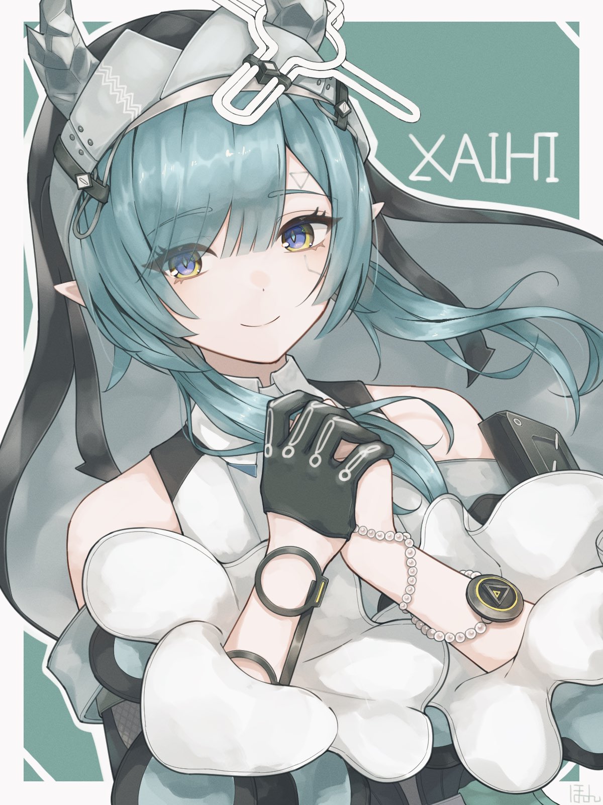 1girl, aqua_hair, arknights, arknights:_endfield, bare_shoulders, black_dress, black_gloves, blue_eyes
