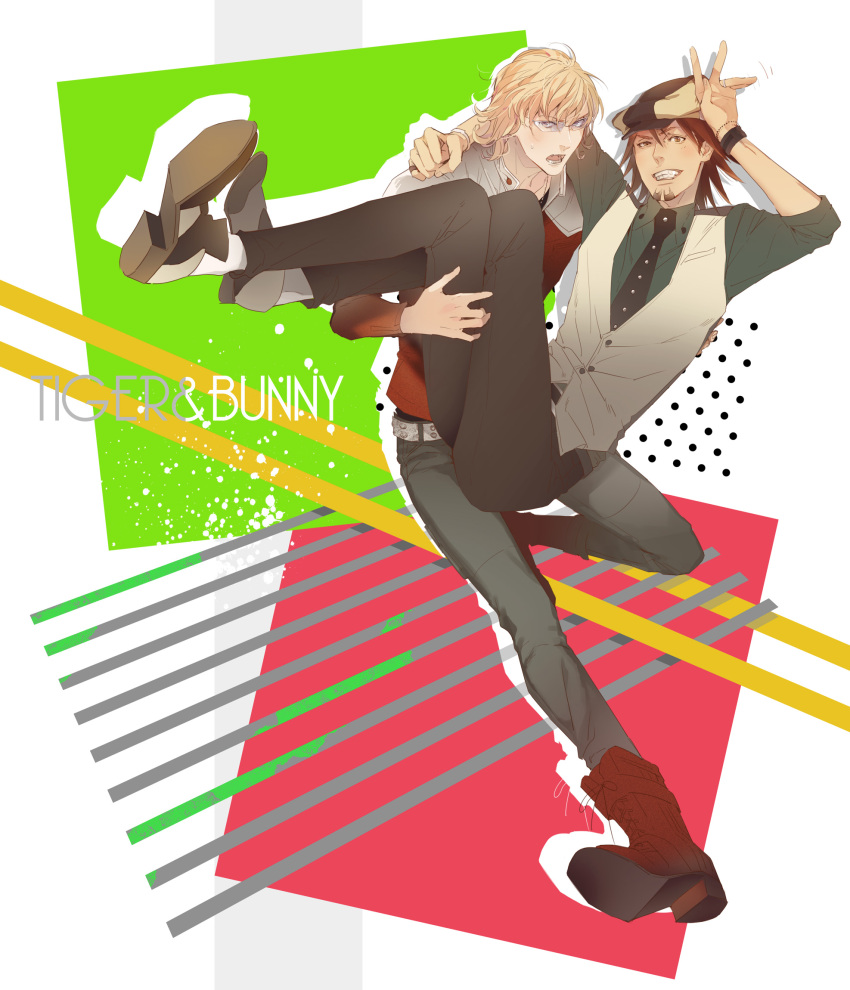 artist_request, barnaby_brooks_jr, belt, blonde_hair, boots, brown_eyes, brown_hair, cabbie_hat