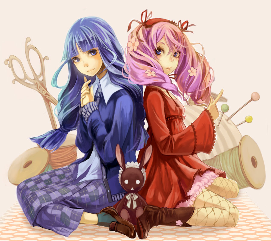 blue_eyes, blue_hair, boots, braid, bunny, candace_(harvest_moon), cardigan, dress