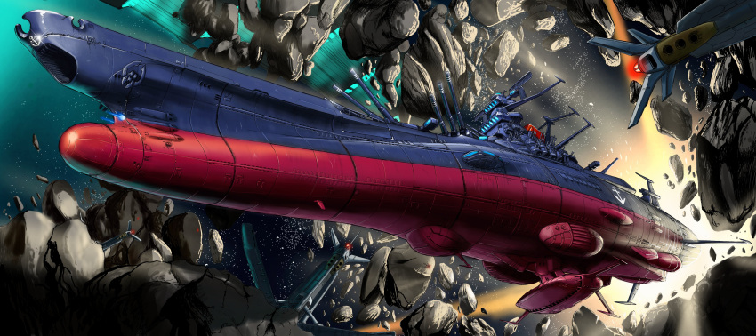 absurdres, anchor_symbol, asteroid, cannon, commentary_request, highres, no_humans, rx782_2202
