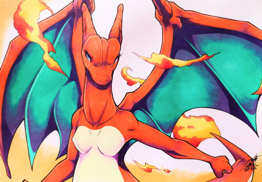 025aki, absurdres, charizard, colored_skin, dragon_wings, fire, flame-tipped_tail, highres