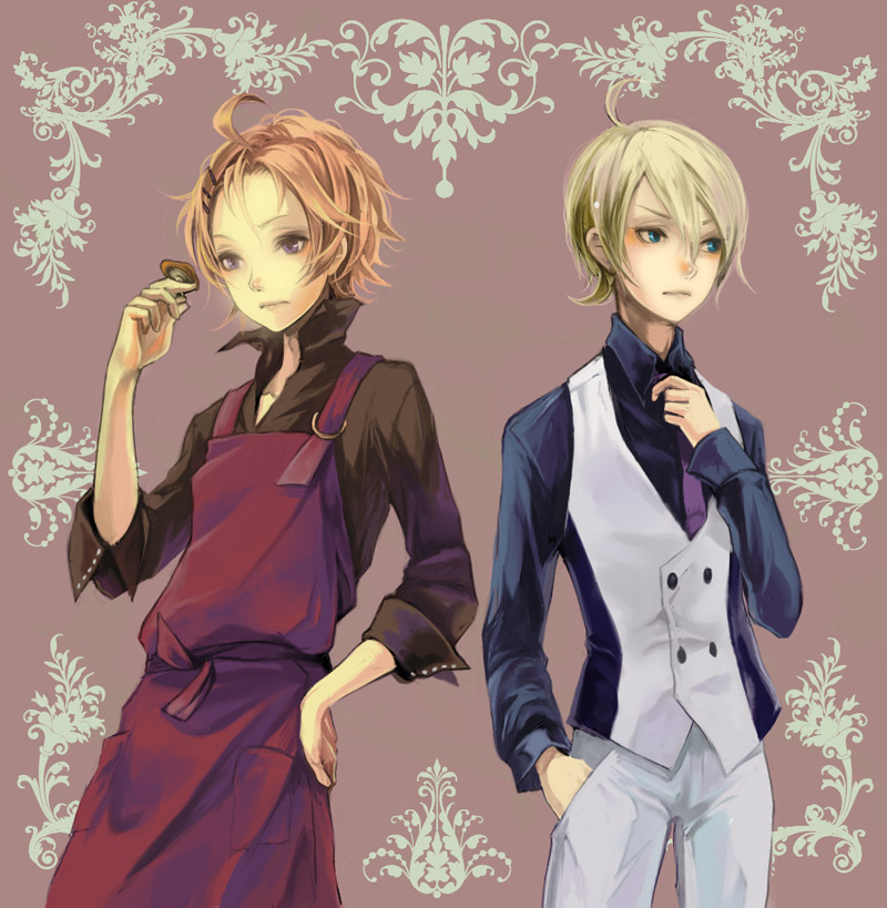 adjusting_tie, ahoge, apron, blonde_hair, blue_eyes, chase_(harvest_moon), formal, gill_(harvest_moon)