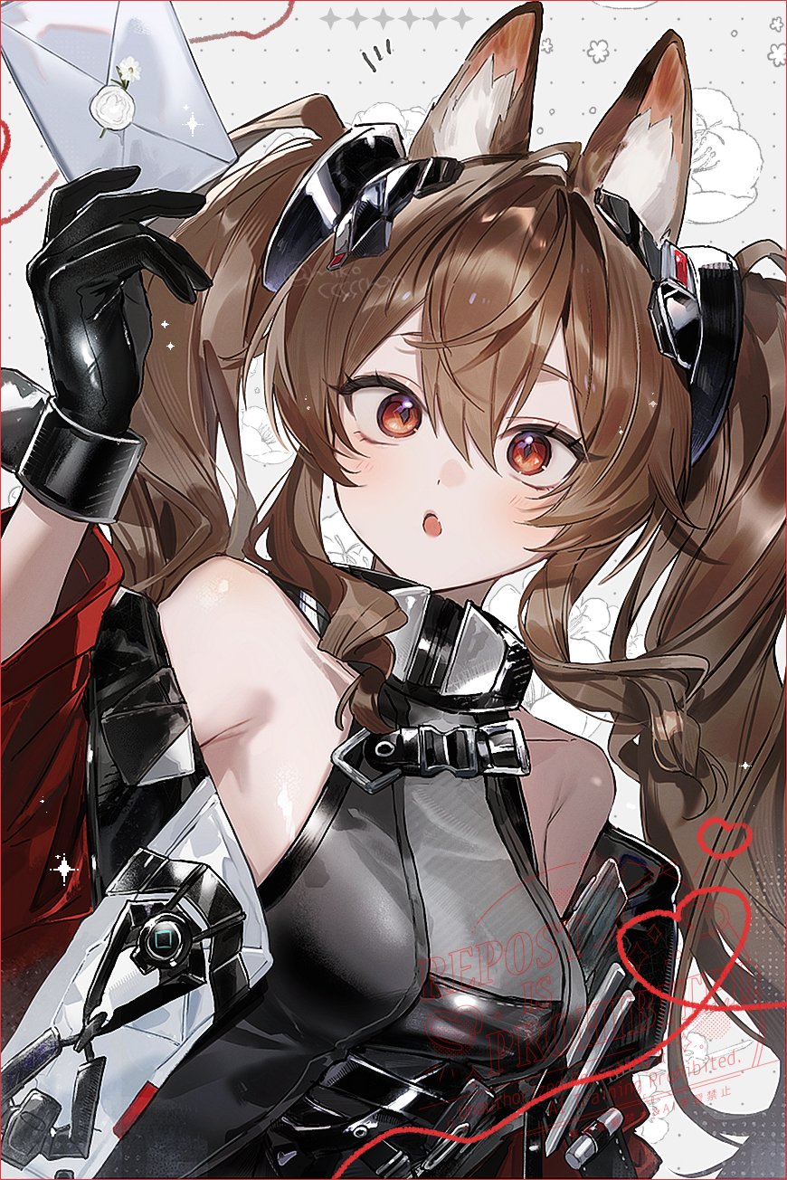 1girl, angelina_(arknights), animal_ears, arknights, arknights:_endfield, bare_shoulders, black_gloves, brown_hair