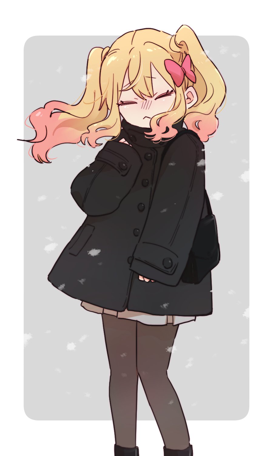 1girl, :<, aikatsu!_(series), aikatsu_stars!, aruki, black_bag, black_coat, black_pantyhose, blonde_hair, border, bow, closed_eyes, coat, commentary_request, double-parted_bangs, feet_out_of_frame, gradient_background, gradient_hair, grey_background, grey_skirt, hair_bow, highres, long_hair, long_sleeves, monkey_girl, multicolored_hair, nijino_yume, pantyhose, pink_bow, pink_hair, pleated_skirt, skirt, sleeves_past_wrists, snowing, solo, twintails, white_border