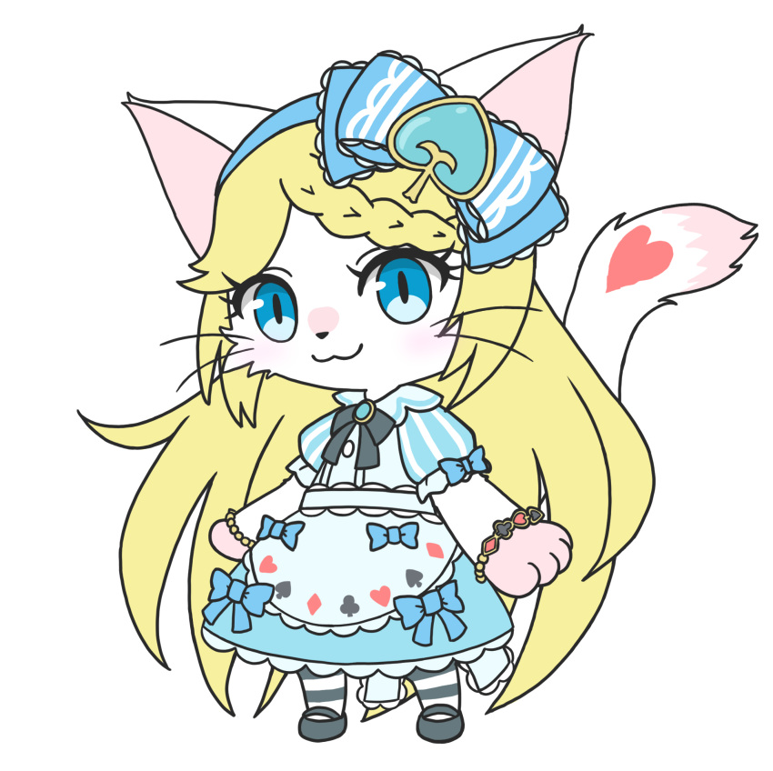 1girl, :3, accurate_lolita_coord, alice_(cat_busters), alice_(wonderland)_(cat_busters), animal_ears, blonde_hair, blue_bow, blue_dress, blue_eyes, body_fur, bow, cat_busters, cat_ears, cat_girl, cat_tail, chibikemo, classic_lolita, commentary_request, dress, full_body, furry, furry_female, hair_bow, hair_ornament, highres, lace-trimmed_bow, lace-trimmed_ribbon, lace_trim, lolita_fashion, long_hair, looking_at_viewer, official_alternate_costume, ribbon, sakana_(sacanacs), simple_background, solo, spade_hair_ornament, standing, sweet_lolita, tachi-e, tail, very_long_hair, whiskers, white_background, white_fur