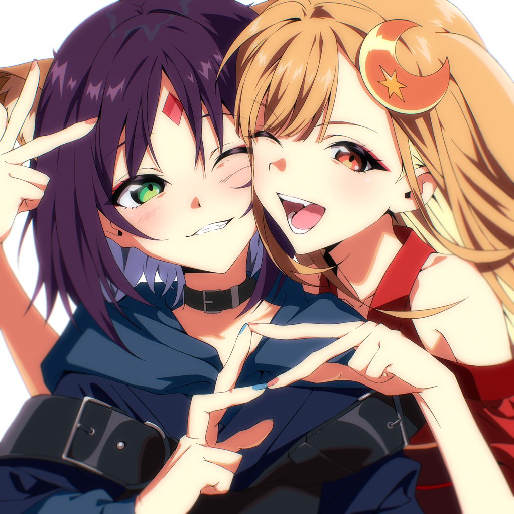2girls, animal_ears, bare_shoulders, black_collar, blonde_hair, blue_hair, blue_hoodie, blue_nails, blush, cheek-to-cheek, cho_kaguya-hime!, collar, colored_inner_hair, crescent, crescent_hair_ornament, facial_mark, fang, forehead_jewel, forehead_mark, fox_ears, green_eyes, hair_ornament, hashtag-only_commentary, heads_together, hood, hood_down, hoodie, japanese_clothes, kaguya_(cho_kaguya-hime!), kimono, long_hair, looking_at_another, miko_heb, multicolored_hair, multiple_girls, nail_polish, one_eye_closed, open_mouth, orange_eyes, pink_nails, purple_hair, red_kimono, sakayori_iroha, short_hair, smile, teeth, two-tone_hair, v, white_background