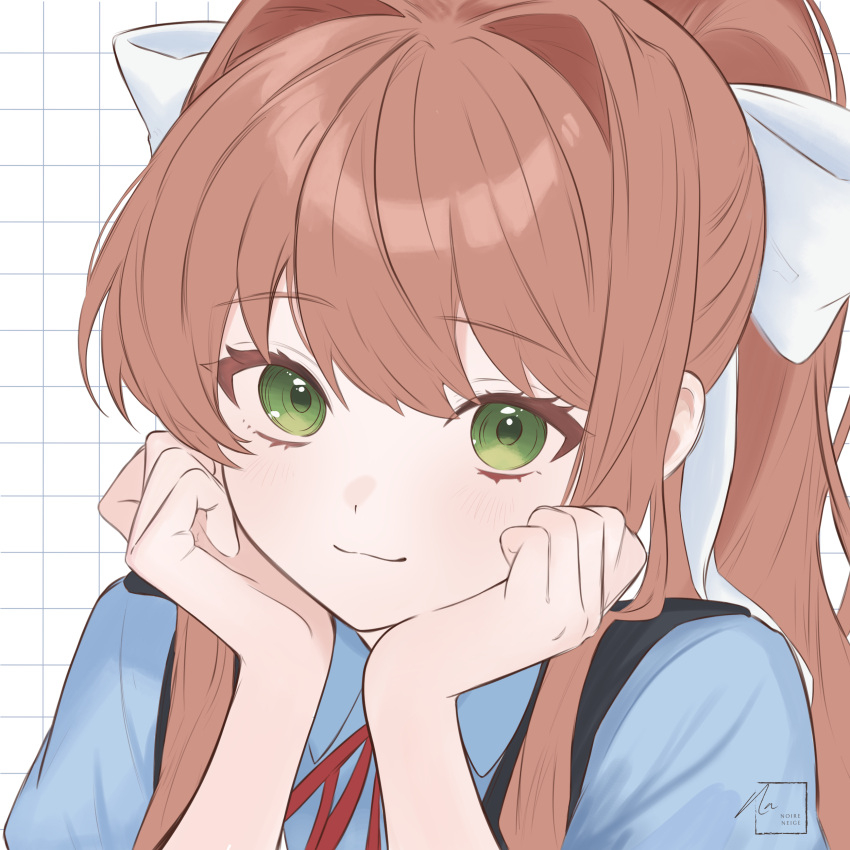 1girl, absurdres, alternate_costume, blue_shirt, brown_hair, closed_mouth, collared_shirt, commentary, dated_commentary, doki_doki_literature_club, eyelashes, green_eyes, grid_background, hair_intakes, hair_ribbon, hands_on_own_face, highres, long_hair, looking_at_viewer, monika_(doki_doki_literature_club), neck_ribbon, noire_neige, portrait, red_ribbon, ribbon, shirt, smile, solo, white_ribbon