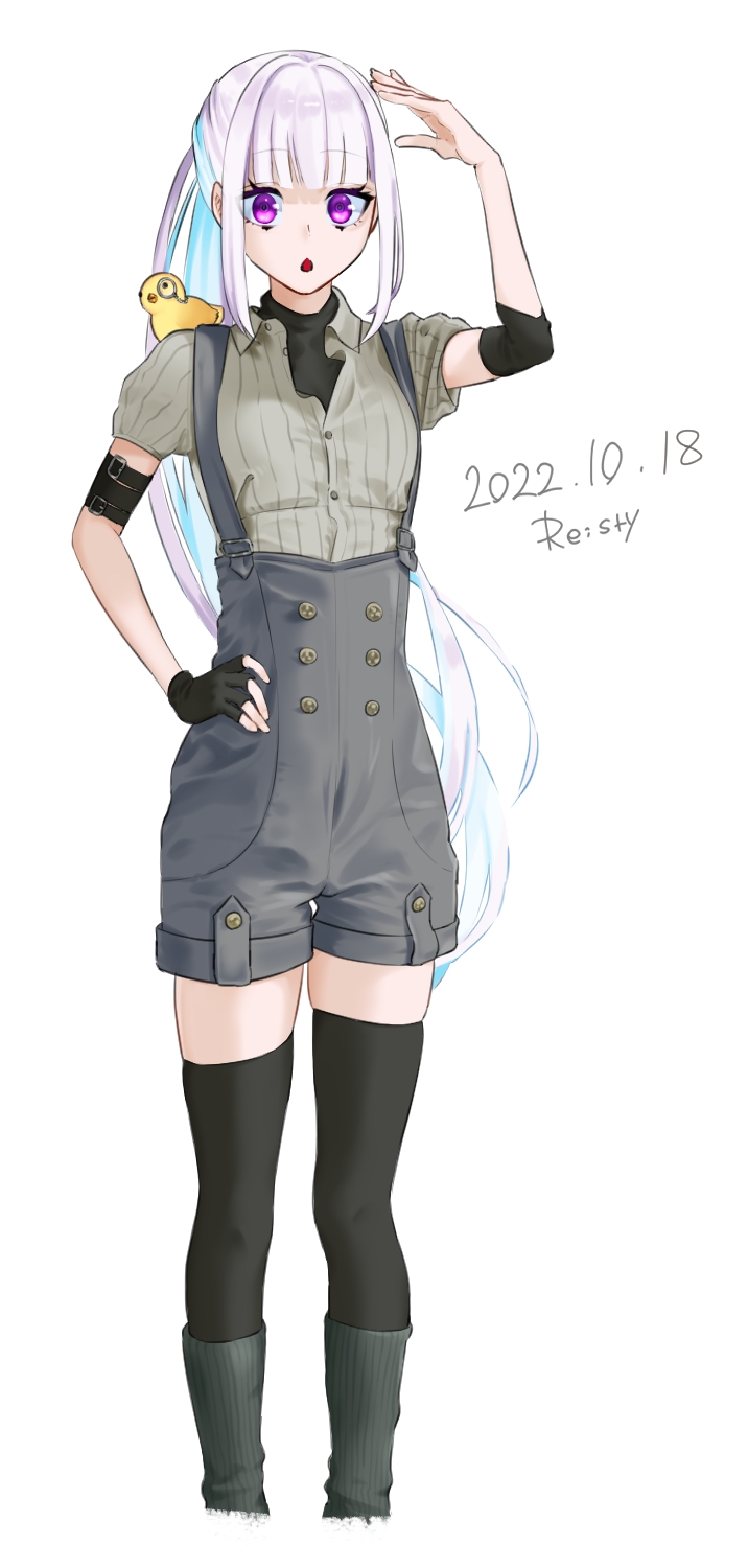 1girl, alternate_costume, animal_on_shoulder, arm_strap, arm_up, artist_name, bird, bird_on_shoulder