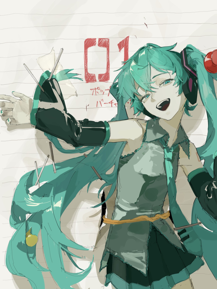 1girl, aqua_eyes, aqua_hair, aqua_nails, aqua_necktie, aqua_trim, arm_up, bare_shoulders