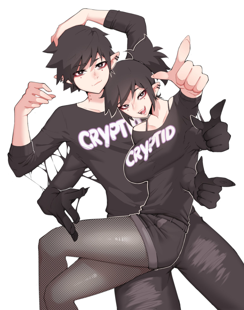 1boy, 1girl, black_eyes, black_hair, black_shirt, breasts, bright_pupils, cowboy_shot