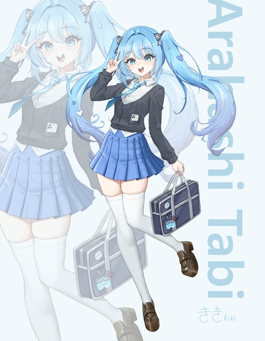 1girl, absurdres, aqua_eyes, aqua_hair, arahashi_tabi, bag, blue_necktie, commentary_request, highres, kiki_(akasaka0818), korean_commentary, long_hair, necktie, open_mouth, school_bag, school_uniform, shirt, shoes, smile, stellive, thigh-highs, twintails, v, virtual_youtuber, white_thighhighs