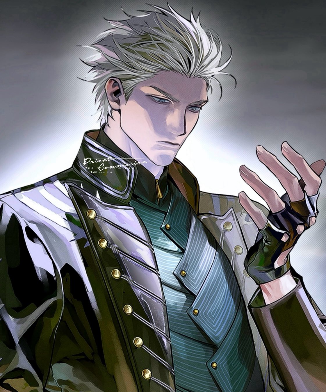 1boy, black_jacket, blue_vest, closed_mouth, devil_may_cry_(series), devil_may_cry_5, fingerless_gloves, gloves, grey_background, hair_slicked_back, hand_up, hashtag-only_commentary, highres, hong_990, jacket, long_sleeves, male_focus, short_hair, solo, upper_body, v-shaped_eyebrows, vergil_(devil_may_cry), vest, white_hair