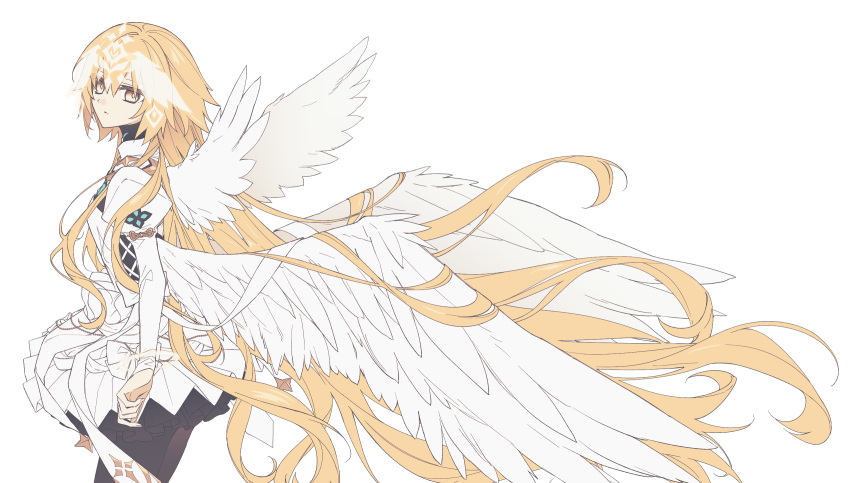 1girl, andromeda_gh0st, angel_wings, black_pantyhose, blonde_hair, bracelet, breasts, bridal_gauntlets