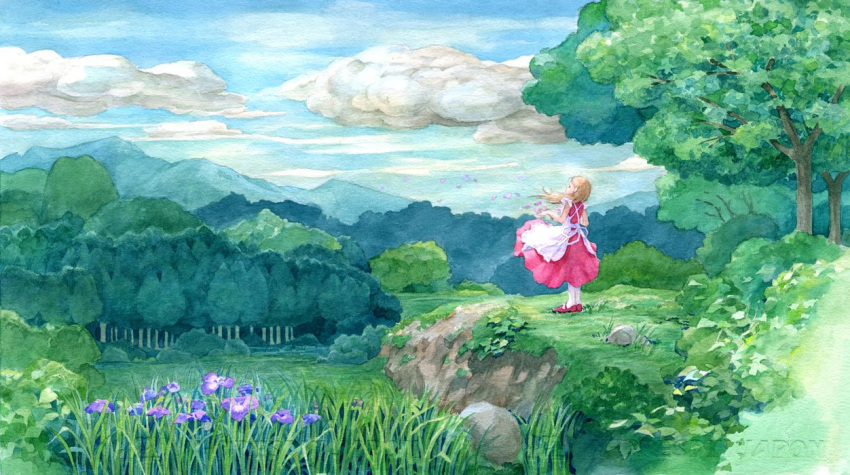 1girl, apron, blonde_hair, blue_sky, clothes_lift, clouds, commentary_request, day