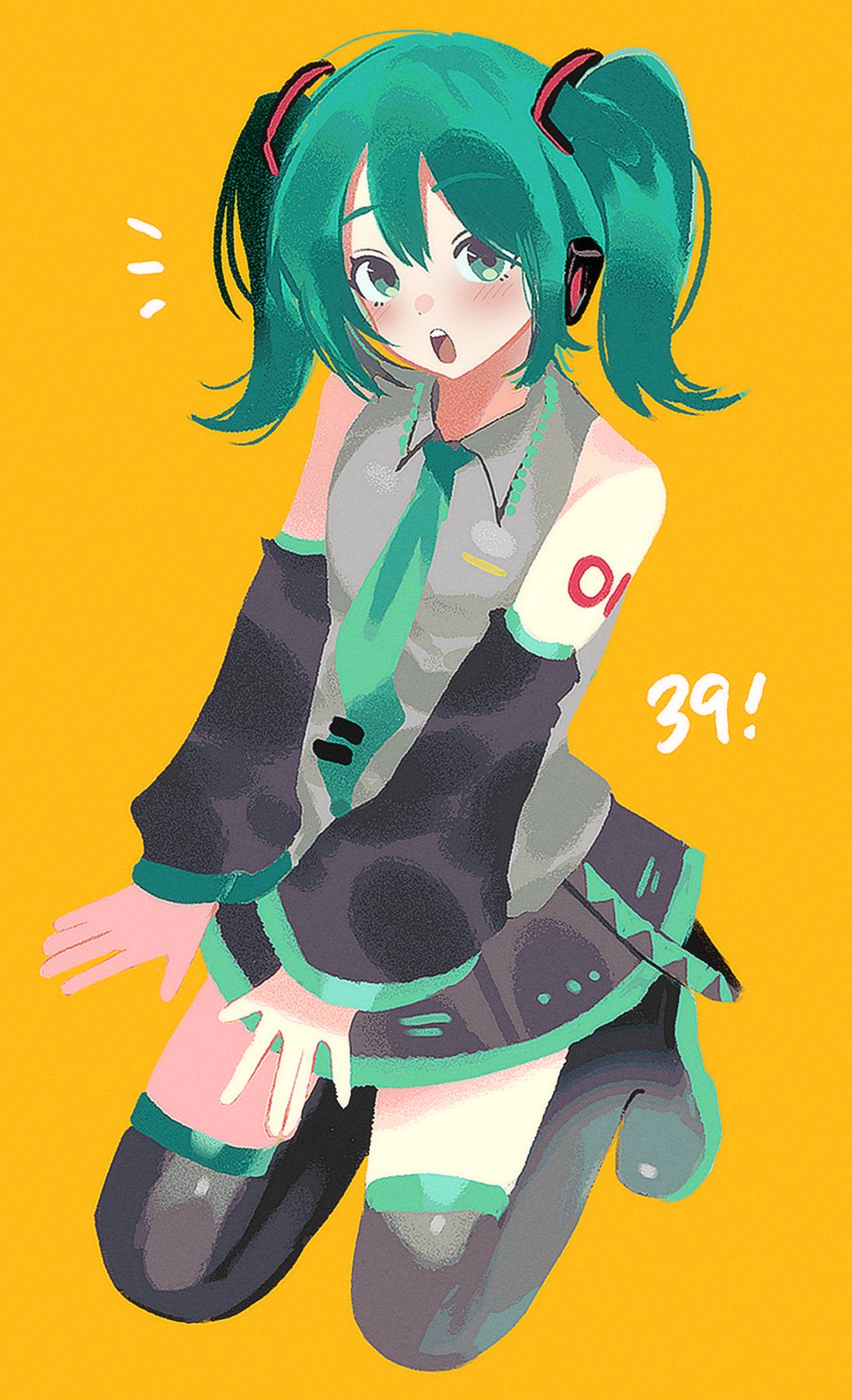 1girl, 39, :o, alternate_hair_length, alternate_hairstyle, aqua_hair, arm_tattoo, bare_shoulders, black_boots, black_skirt, black_sleeves, blush, boots, collared_shirt, commentary, d2nto, detached_sleeves, full_body, green_eyes, green_necktie, green_trim, grey_shirt, hair_ornament, hashtag-only_commentary, hatsune_miku, highres, looking_at_viewer, necktie, notice_lines, open_mouth, orange_background, seiza, shirt, short_hair, simple_background, sitting, skirt, sleeveless, sleeveless_shirt, solo, symbol-only_commentary, tattoo, thigh_boots, twintails, vocaloid