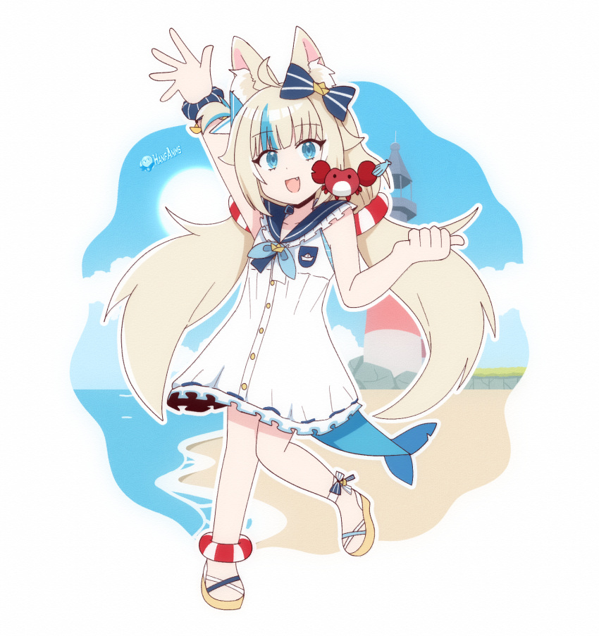 1girl, :d, ahoge, animal_ear_fluff, animal_ears, animal_on_shoulder, arm_up, artist_logo