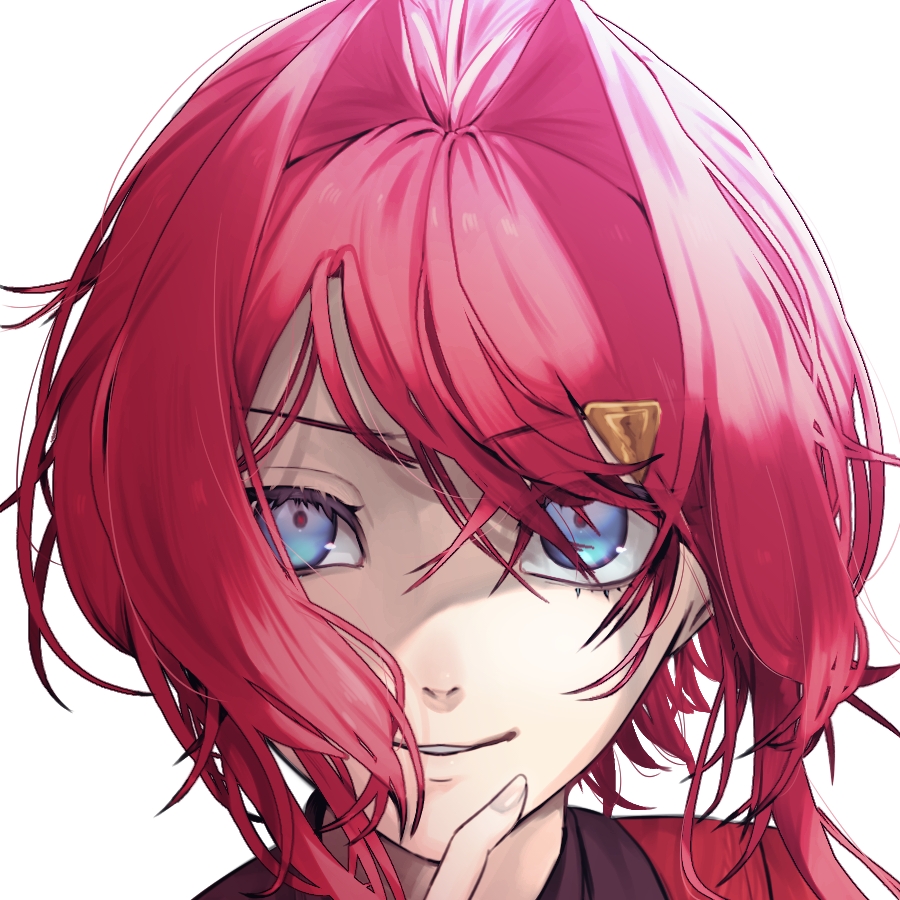 1girl, ange_katrina, blue_eyes, commentary_request, eyelashes, finger_to_own_chin, hair_intakes, hair_ornament