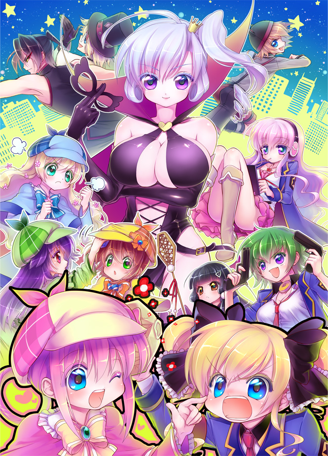 6+girls, akechi_kokoro, arsene, black_hair, blonde_hair, bow, breasts, brown_hair