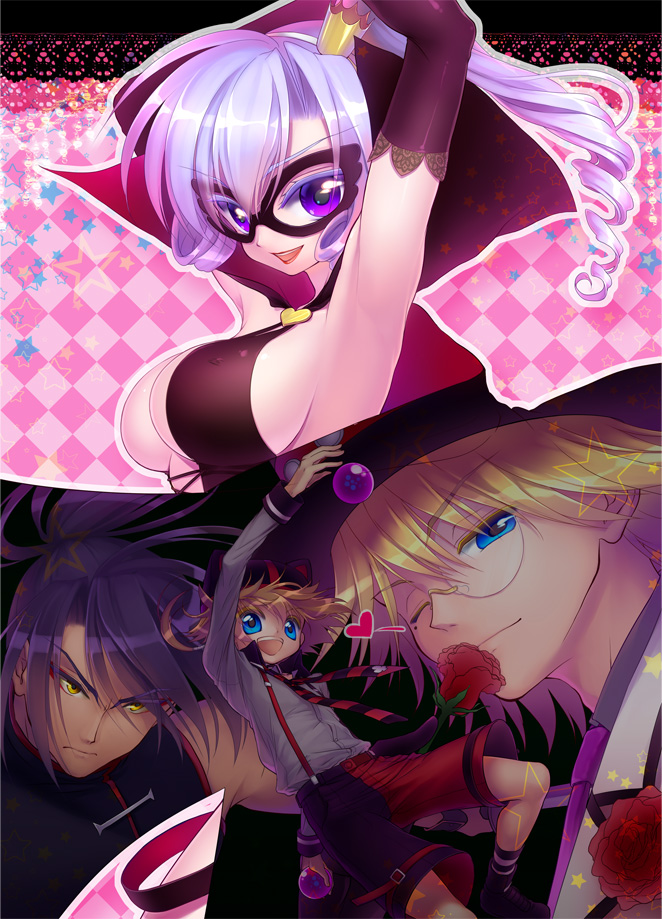 arms_up, arsene, black_hair, blonde_hair, blue_eyes, breasts, crown, elbow_gloves