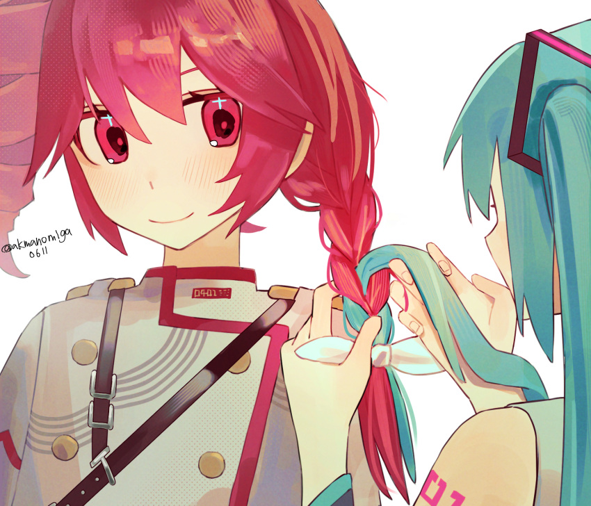 2girls, alternate_hairstyle, blue_hair, blush, bow, braid, braiding_hair, buttons