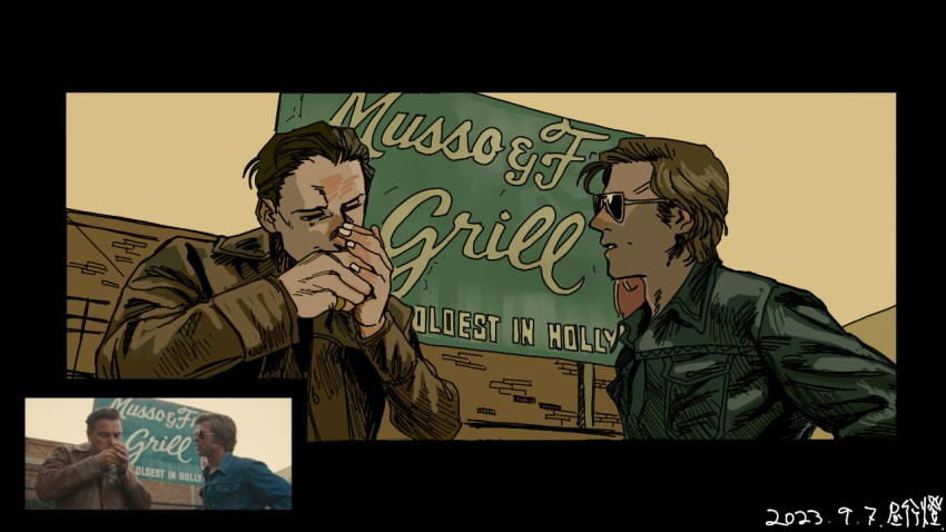 2boys, billboard, black_border, black_jacket, border, brown_hair, brown_jacket, cliff_booth, commentary_request, dated, derivative_work, jacket, jewelry, male_focus, multiple_boys, once_upon_a_time_in_hollywood, parted_lips, pieceof_figcake, rick_dalton, ring, screenshot_inset, screenshot_redraw, short_hair, smoking, sunglasses