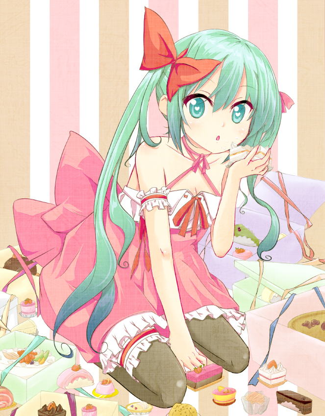 aqua_eyes, aqua_hair, bare_shoulders, cake, child, dress, food, garters, hair_ribbon, hatsune_miku, kneeling, long_hair, mitsugushi_yuu, pantyhose, ribbon, solo, symbol-shaped_pupils, vocaloid