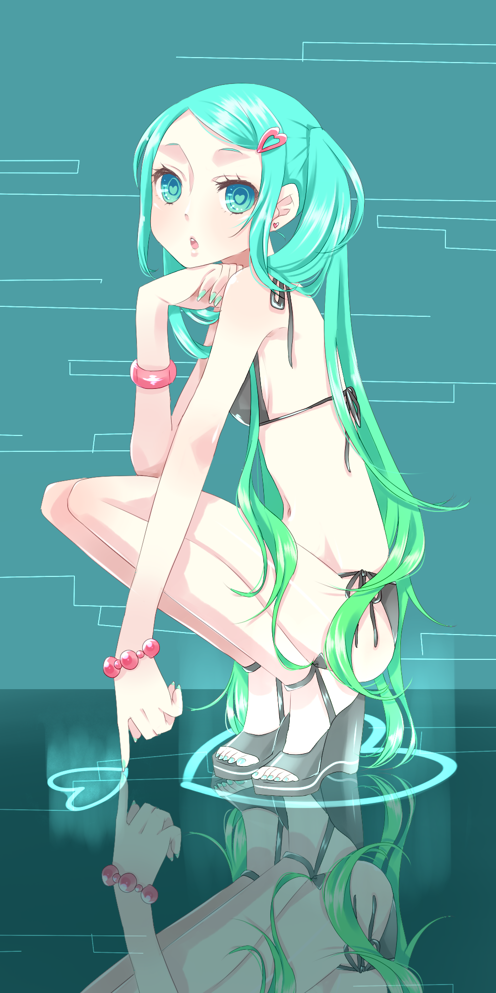 aqua_eyes, aqua_hair, bad_reflection, bikini, bracelet, chin_rest, earrings, gradient_hair
