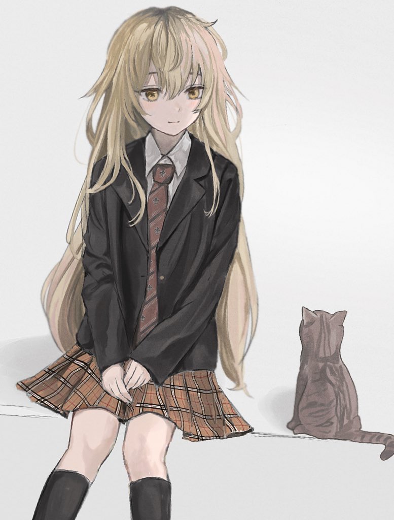 1girl, al08012389, black_jacket, blonde_hair, cat, collared_shirt, hashtag-only_commentary, ienaga_mugi, ienaga_mugi_(7th_costume), jacket, kneehighs, light_smile, long_hair, necktie, nijisanji, official_alternate_costume, plaid_clothes, plaid_skirt, pleated_skirt, red_skirt, school_uniform, shirt, simple_background, sitting, skirt, socks, solo, virtual_youtuber, white_background