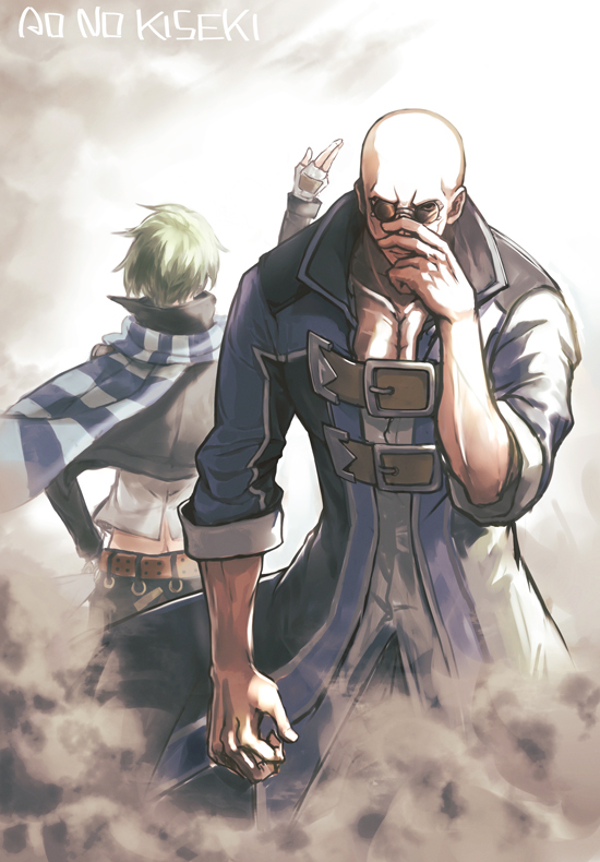 2boys, abbas_(eiyuu_densetsu), bald, belt, cropped_jacket, english_text, floating_scarf, green_hair, irise_ryouji, long_sleeves, male_focus, multiple_boys, salute, scarf, short_hair, sleeves_rolled_up, striped_clothes, striped_scarf, sunglasses, two-finger_salute, upper_body, wazy_hemisphere