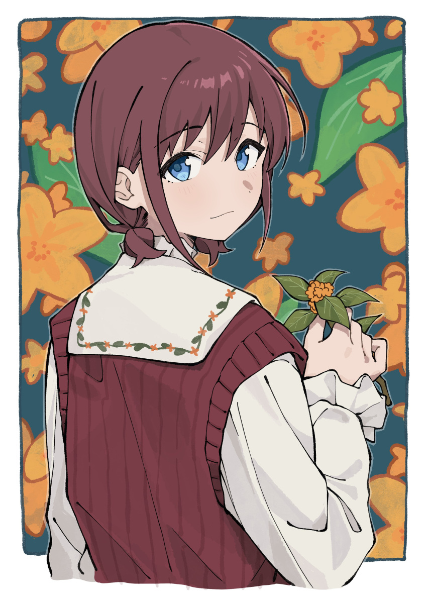 1girl, absurdres, blue_eyes, border, brown_hair, cropped_torso, floral_background, flower