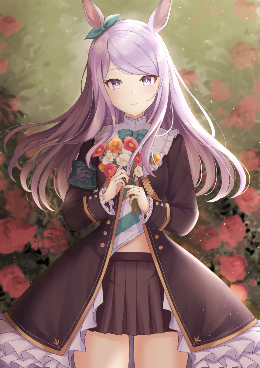 1girl, absurdres, animal_ears, aqua_bow, aqua_bowtie, black_jacket, black_skirt, blush
