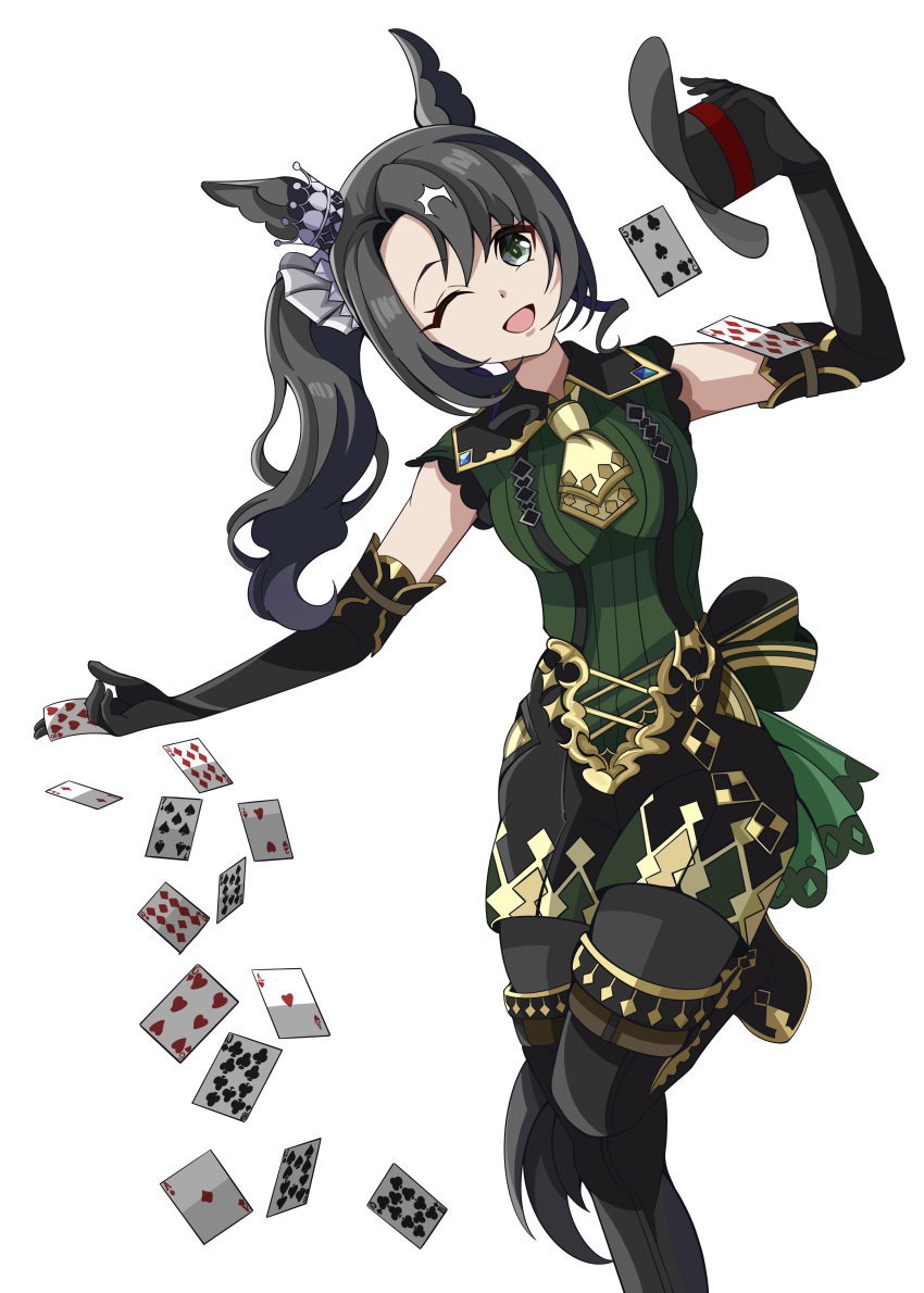 1girl, absurdres, ace_(playing_card), ace_of_hearts, animal_ears, ascot, black_gloves, black_hair