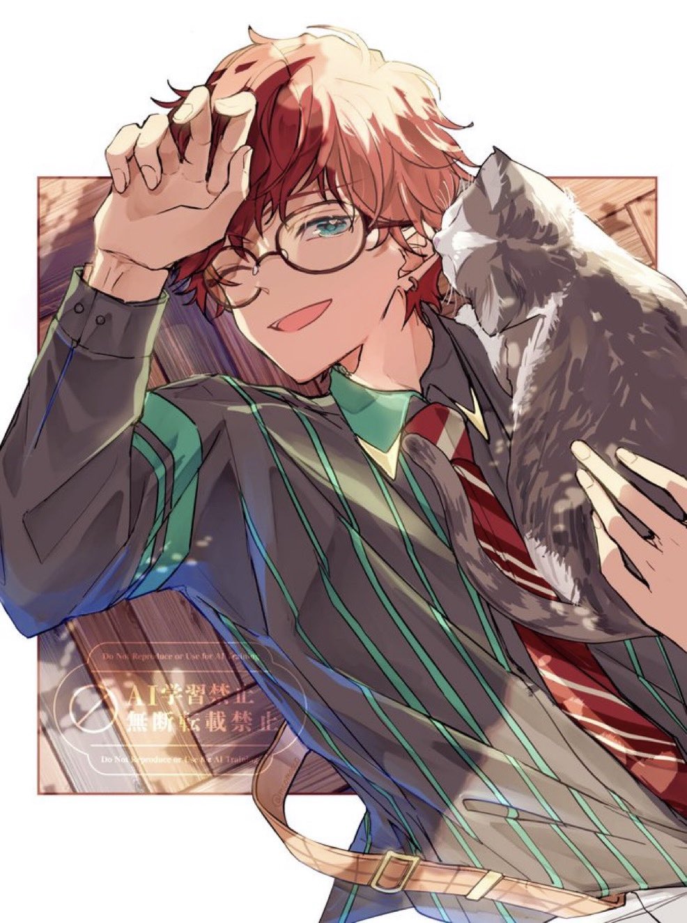 1boy, amagi_hiiro, arm_up, bespectacled, blue_eyes, cat, collared_shirt, commentary