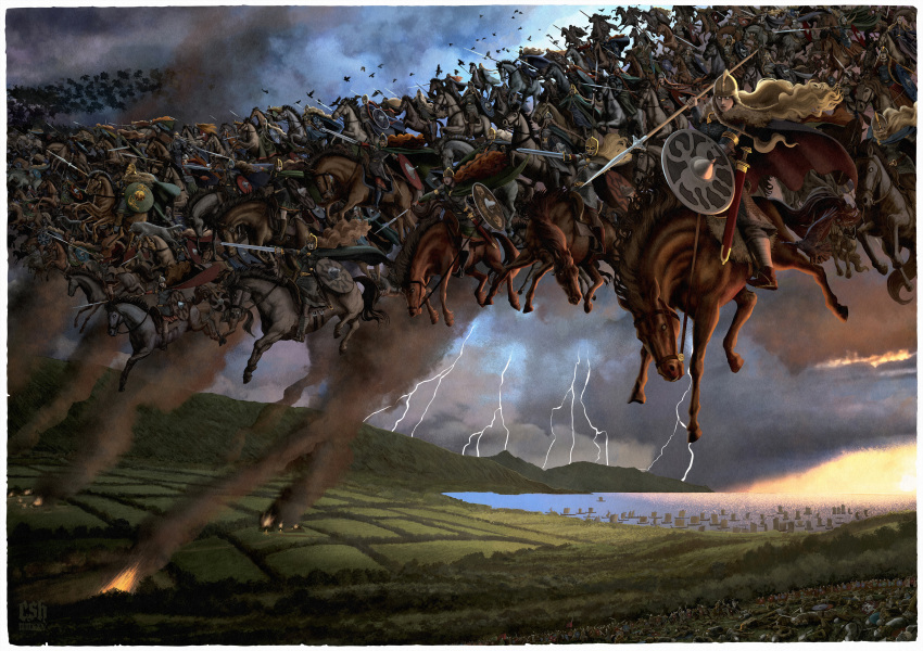 1boy, 6+girls, absurdres, armor, artist_name, battle, black_sun, blonde_hair