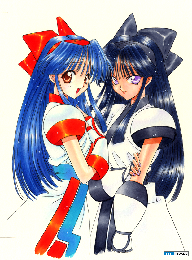 90s, blue_hair, bow, brown_eyes, dual_persona, gauntlets, hair_bow, japanese_clothes