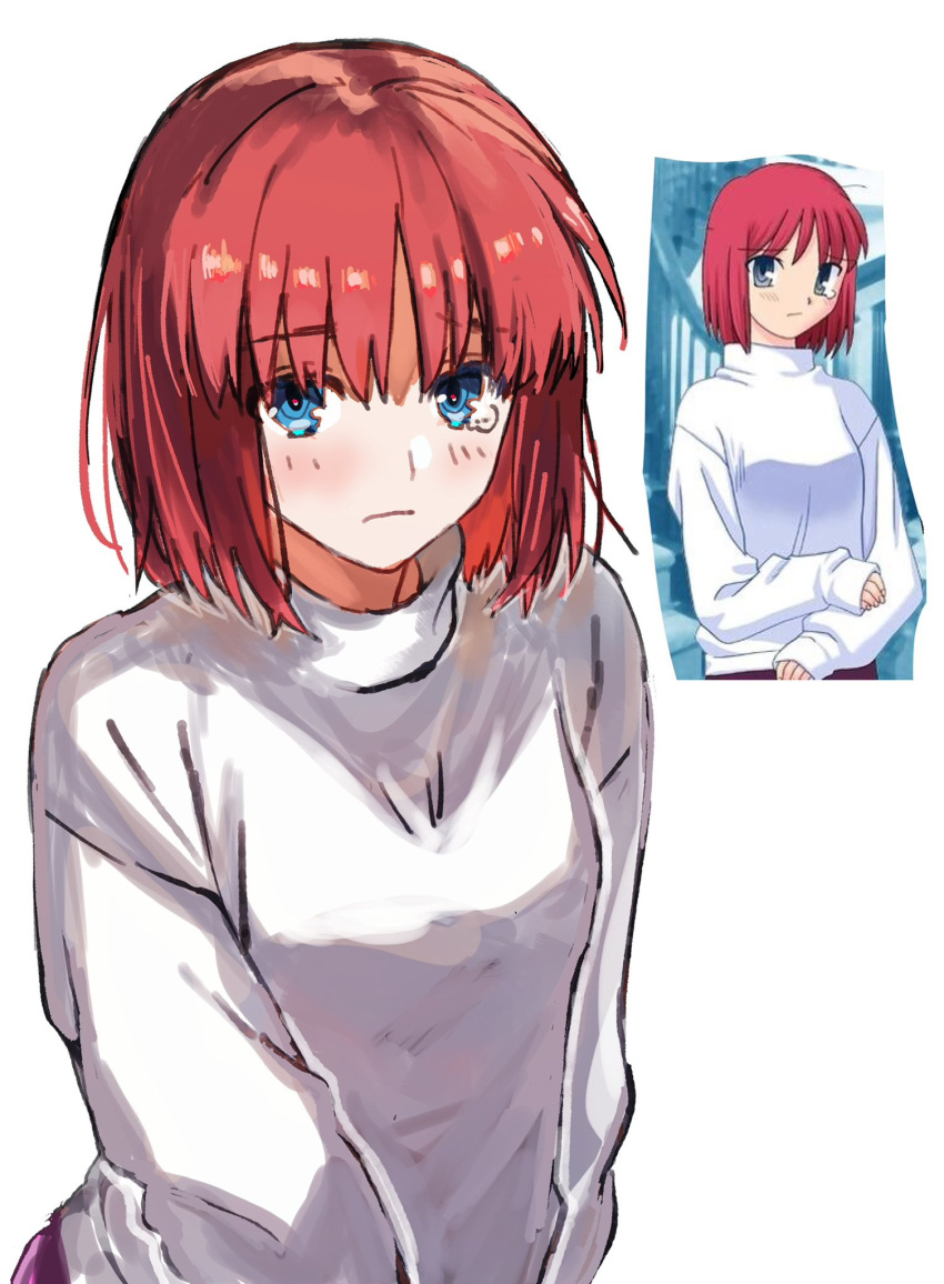 1girl, arcueid_brunestud, arcueid_brunestud_(cosplay), blue_eyes, blush, closed_mouth, commentary_request, cosplay
