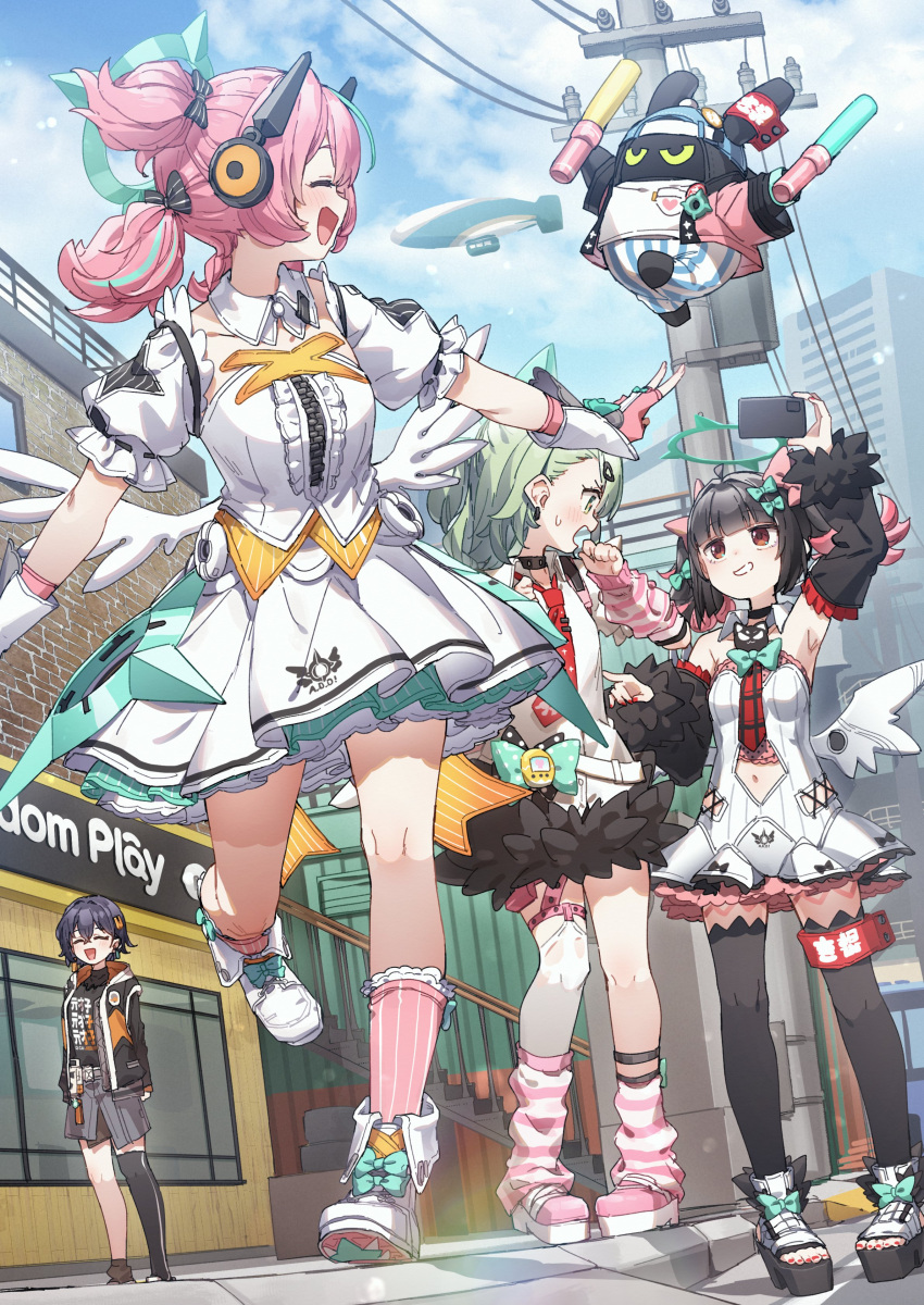 4girls, absurdres, aircraft, angel_wings, aria_(zenless_zone_zero), bangboo_(zenless_zone_zero), belle_(zenless_zone_zero), biggest_fan_(zenless_zone_zero)