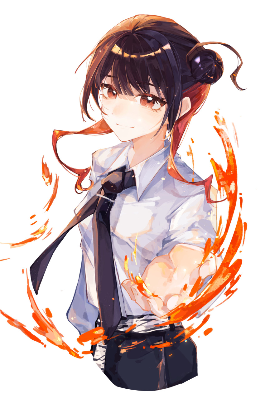 1girl, absurdres, black_hair, black_necktie, breasts, chinese_commentary, closed_mouth, collared_shirt, commentary_request, fire, hair_bun, highres, love_live!, love_live!_superstar!!, moben, multicolored_hair, necktie, offering_hand, official_alternate_costume, open_hand, real_life, red_eyes, red_hair, shirt, short_hair_with_long_locks, simple_background, single_hair_bun, sky_linker_(love_live!), smile, solo, two-tone_hair, voice_actor, white_background, white_shirt, wing_collar, yabushima_akane
