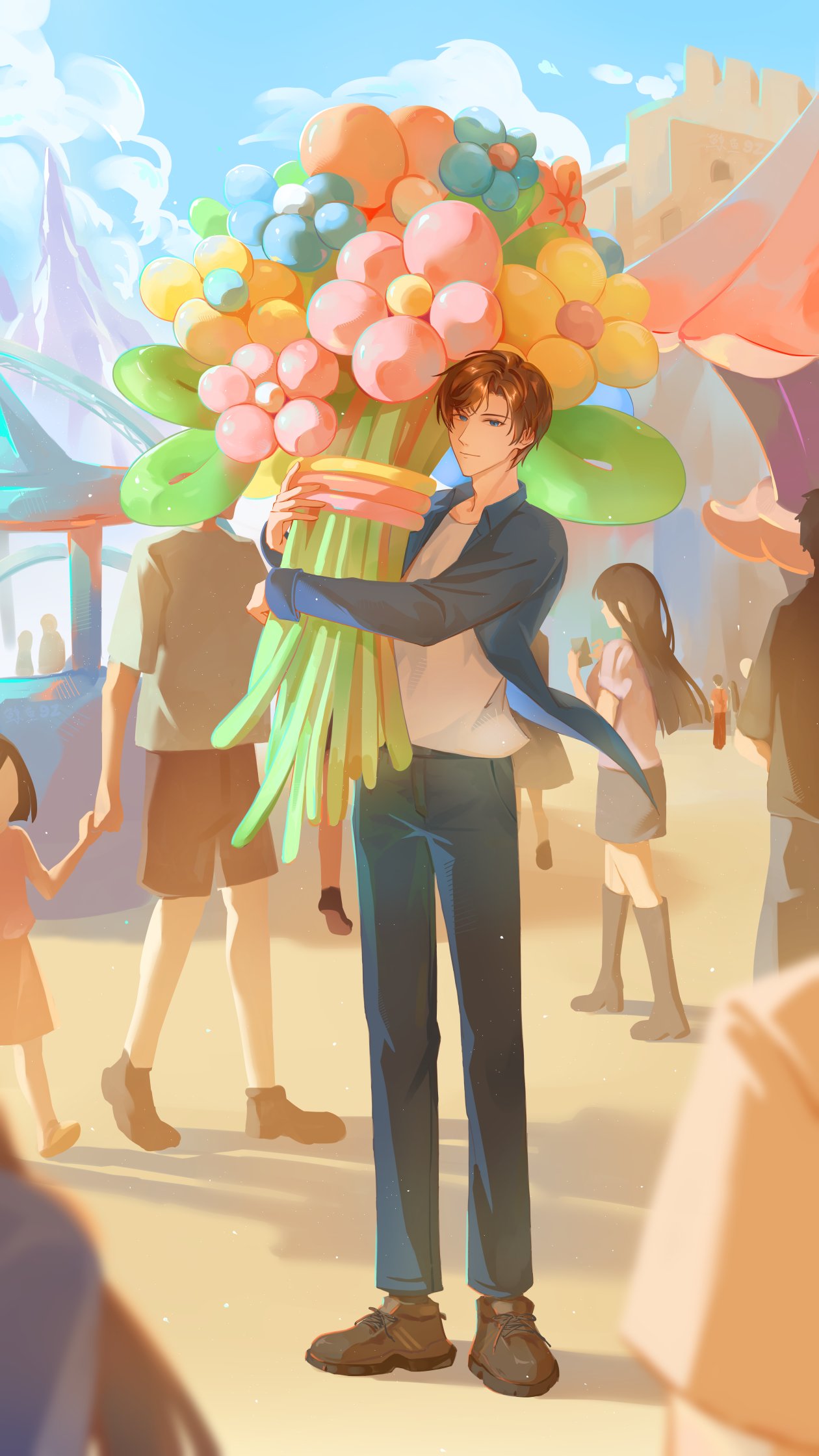 4boys, 4girls, artem_wing_(tears_of_themis), balloon_flower, black_boots, black_hair, black_shorts, blue_eyes