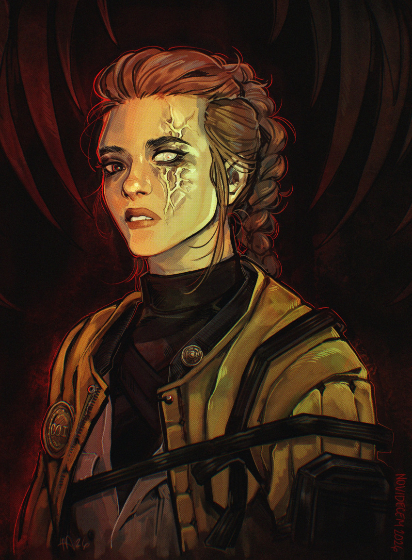 1girl, absurdres, ava_(iron_lung), belt, braid, brown_eyes, brown_hair, cracked_skin