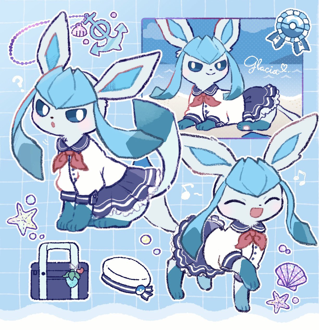 ?, badge, bag, beach, berry_(pokemon), closed_eyes, clothed_pokemon, commentary_request