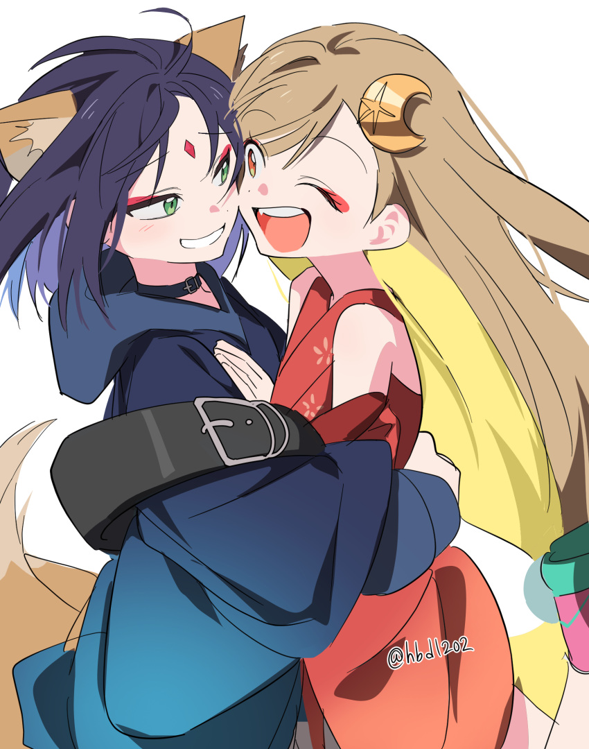 2girls, ;d, animal_ears, black_choker, blue_hoodie, brown_hair, cheek-to-cheek, cho_kaguya-hime!