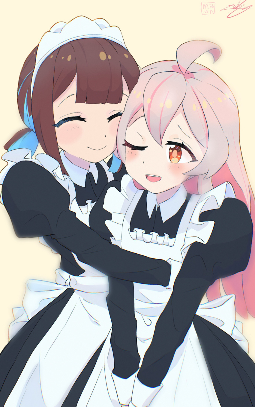 2girls, ;d, ^_^, absurdres, ahoge, apron, artist_collaboration, blue_hair