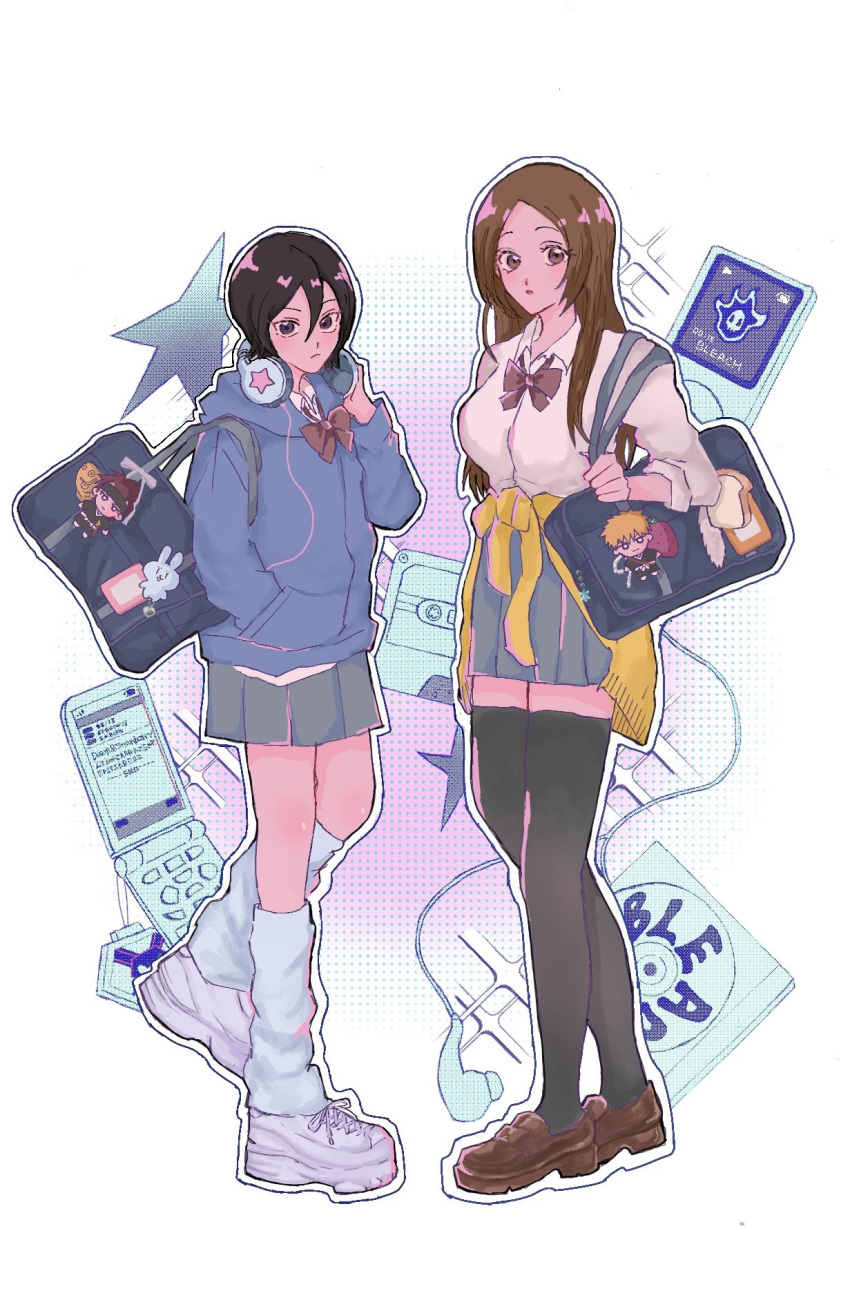 2girls, abarai_renji, animal_charm, bag, black_hair, black_thighhighs, bleach, blue_jacket