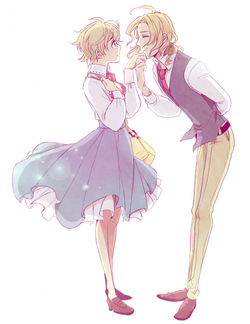 bag, beard, blonde_hair, blue_eyes, closed_eyes, eyes_closed, facial_hair, france_(hetalia), hand_kiss, highres, jeanne_d'arc_(hetalia), jeanne_d'arc_(hetalia), kiss, long_hair, necktie, ribbon, shivue, short_hair, simple_background, skirt, smile, vest