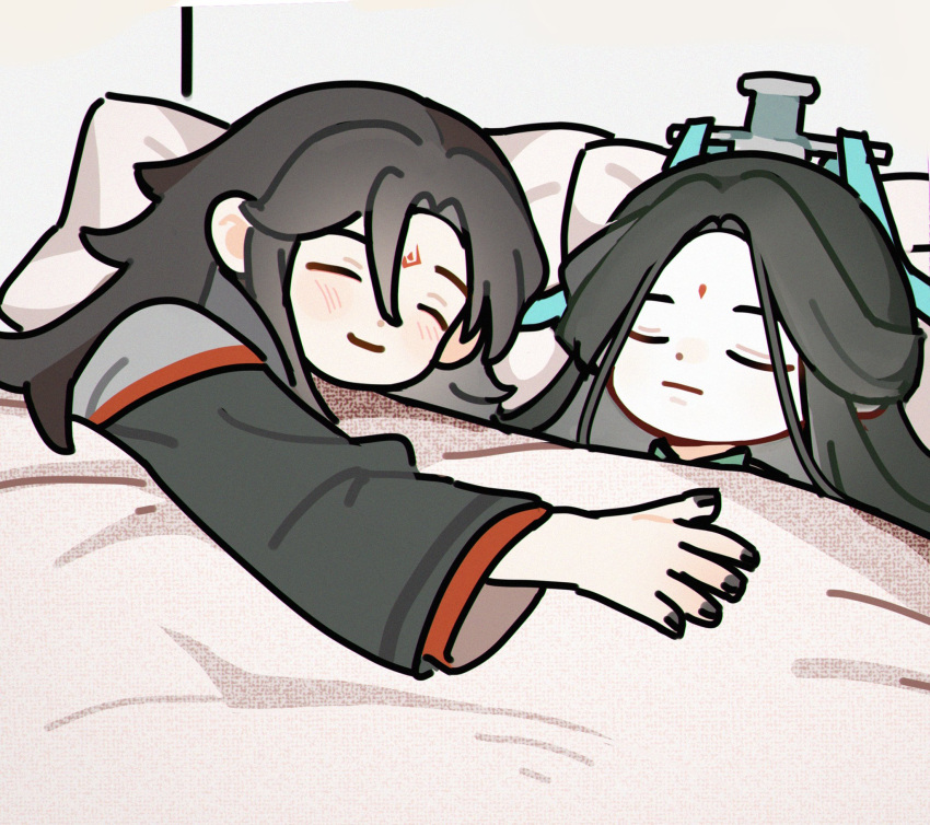 2boys, bindi, black_hair, black_hanfu, black_nails, chibi, chibi_only, chinese_clothes